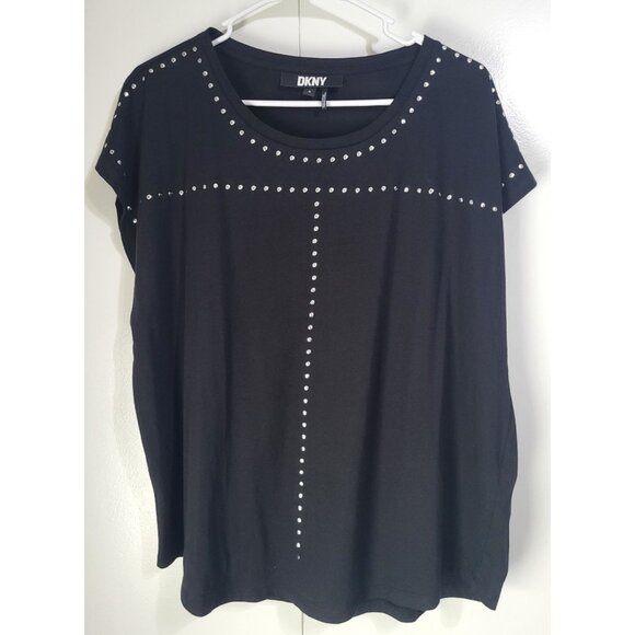 DKNY Women's XL Silver Studded Embellished Black Top Rock Goth Glam - Picture 2 of 10